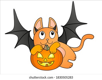 Cute ginger cat in a bat costume carries a pumpkin - vector full color illustration. Kitten with bat wings and Jack's lantern - Halloween illustration.