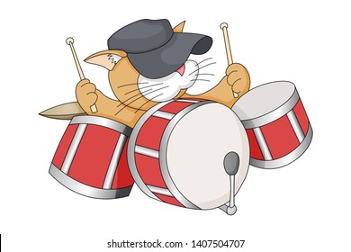 Cute ginger cat with black cape plays on drums. Rock and roll cat cartoon vector illustration for print design isolated on white background