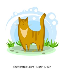 cute ginger cat. Cartoon children's style. Character in location. Glade with plants and sky. simplified style. Vector stock illustration. tabby cat