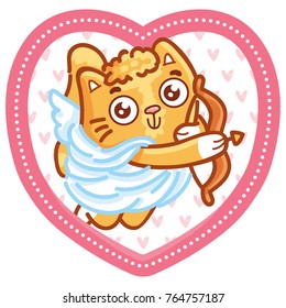 Cute ginger Cat character as cupid in love on romantic pink background with hearts. Vector illustration art in cartoon, doodle, hand drawn style: for greeting cards, poster, wedding, invitation