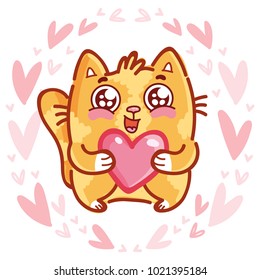 Cute Ginger Cat Character With Googly Eyes Madly In Love Holding Big Heart On Pink Romantic Background. Cute Hand Drawn Art Illustration In Cartoon, Doodle Style