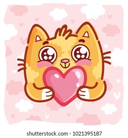 Cute Ginger Cat Character With Googly Eyes Madly In Love Holding Big Heart On Pink Romantic Background. Cute Hand Drawn Art Illustration In Cartoon, Doodle Style