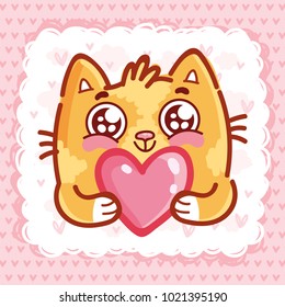 Cute Ginger Cat Character With Googly Eyes Madly In Love Holding Big Heart On Pink Romantic Background. Cute Hand Drawn Art Illustration In Cartoon, Doodle Style