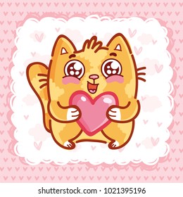 Cute Ginger Cat Character With Googly Eyes Madly In Love Holding Big Heart On Pink Romantic Background. Cute Hand Drawn Art Illustration In Cartoon, Doodle Style