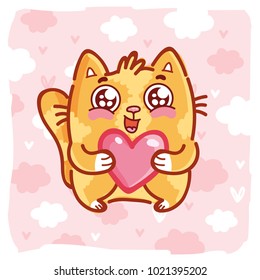 Cute Ginger Cat Character With Googly Eyes Madly In Love Holding Big Heart On Pink Romantic Background. Cute Hand Drawn Art Illustration In Cartoon, Doodle Style