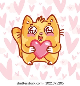 Cute Ginger Cat Character With Googly Eyes Madly In Love Holding Big Heart On Pink Romantic Background. Cute Hand Drawn Art Illustration In Cartoon, Doodle Style