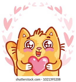 Cute Ginger Cat Character With Googly Eyes Madly In Love Holding Big Heart On Pink Romantic Background. Cute Hand Drawn Art Illustration In Cartoon, Doodle Style