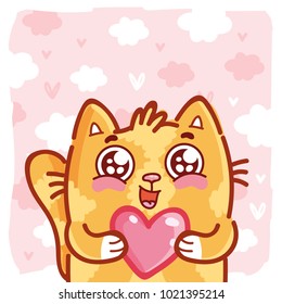 Cute Ginger Cat Character With Googly Eyes Madly In Love Holding Big Heart On Pink Romantic Background. Cute Hand Drawn Art Illustration In Cartoon, Doodle Style