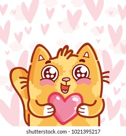 Cute Ginger Cat Character With Googly Eyes Madly In Love Holding Big Heart On Pink Romantic Background. Cute Hand Drawn Art Illustration In Cartoon, Doodle Style