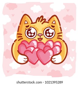 Cute Ginger Cat Character With Googly Eyes Madly In Love Holding Many Hearts On Pink Romantic Background. Cute Hand Drawn Art Illustration In Cartoon, Doodle Style