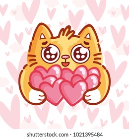 Cute Ginger Cat Character With Googly Eyes Madly In Love Holding Many Hearts On Pink Romantic Background. Cute Hand Drawn Art Illustration In Cartoon, Doodle Style