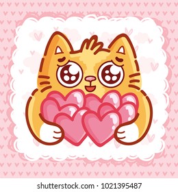 Cute Ginger Cat Character With Googly Eyes Madly In Love Holding Many Hearts On Pink Romantic Background. Cute Hand Drawn Art Illustration In Cartoon, Doodle Style