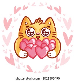 Cute Ginger Cat Character With Googly Eyes Madly In Love Holding Many Hearts On Pink Romantic Background. Cute Hand Drawn Art Illustration In Cartoon, Doodle Style