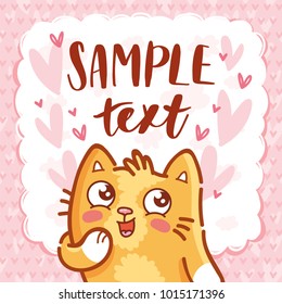 Cute ginger Cat character in love with admire emotion and place for your text. Hand drawn art, romantic illustration in cartoon style for card, poster, invitation