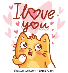 Cute ginger Cat character in love with admire emotion and Lettering calligraphy text: I love you. Hand drawn art, romantic illustration in cartoon style for card, poster, invitation