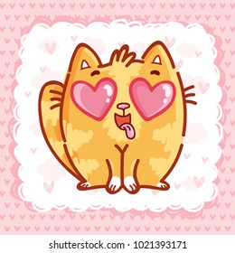 Cute ginger Cat character in love with googly eyes, admiring, happy on pink romantic background with hearts and clouds. Cute hand drawn art illustration in cartoon, doodle style 