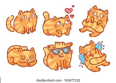 Cute Ginger Cat character: in love, good mood, happy, cool, sleepy, crying, sad emotion. Set of vector outline hand drawn style, sketch cartoon illustration as logo, mascot, sticker, emoji, emoticon