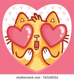Cute ginger Cat character in love on romantic pink background in heart shape. Vector illustration art in cartoon, doodle, hand drawn style: for greeting cards, poster, banner, wedding, invitation