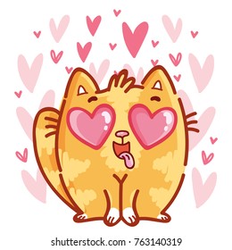 Cute ginger Cat character in love on romantic pink background with hearts. Vector illustration art in cartoon, doodle, hand drawn style: for greeting cards, poster, banner, wedding, invitation
