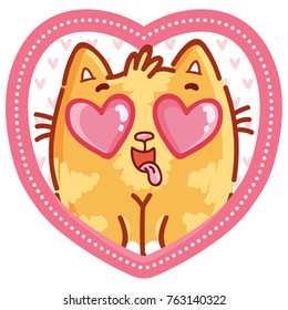 Cute ginger Cat character in love on romantic pink background in heart shape. Vector illustration art in cartoon, doodle, hand drawn style: for greeting cards, poster, banner, wedding, invitation