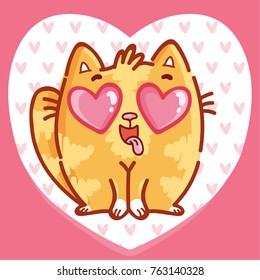Cute ginger Cat character in love on romantic pink background in heart shape. Vector illustration art in cartoon, doodle, hand drawn style: for greeting cards, poster, banner, wedding, invitation