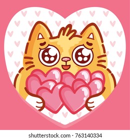 Cute ginger Cat character in love on romantic pink background in heart shape. Vector illustration art in cartoon, doodle, hand drawn style: for greeting cards, poster, banner, wedding, invitation