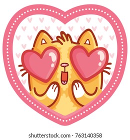 Cute ginger Cat character in love on romantic pink background in heart shape. Vector illustration art in cartoon, doodle, hand drawn style: for greeting cards, poster, banner, wedding, invitation
