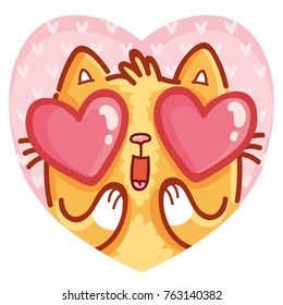 Cute ginger Cat character in love on romantic pink background in heart shape. Vector illustration art in cartoon, doodle, hand drawn style: for greeting cards, poster, banner, wedding, invitation