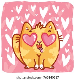 Cute ginger Cat character in love on romantic pink background with hearts. Vector illustration art in cartoon, doodle, hand drawn style: for greeting cards, poster, banner, wedding, invitation
