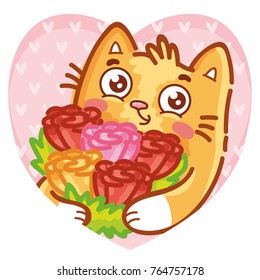 Cute ginger Cat character in love, holding rose flowers bouquet on romantic pink background with hearts. Vector illustration art in cartoon, doodle, hand drawn style: for cards, poster, invitation