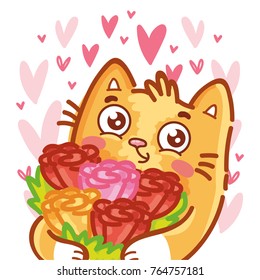 Cute ginger Cat character in love, holding rose flowers bouquet on romantic pink background with hearts. Vector illustration art in cartoon, doodle, hand drawn style: for cards, poster, invitation