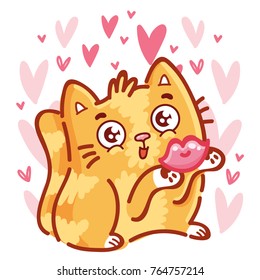 Cute ginger Cat character in love, air lip kiss on romantic pink background with hearts. Vector illustration art in cartoon, doodle, hand drawn style: for greeting cards, poster, wedding, invitation