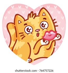 Cute ginger Cat character in love, air lip kiss on romantic pink background with hearts. Vector illustration art in cartoon, doodle, hand drawn style: for greeting cards, poster, wedding, invitation