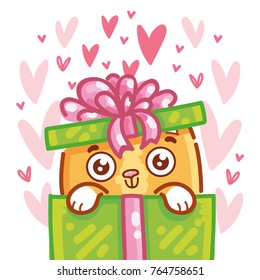 Cute ginger Cat character in love in gift, present box on romantic pink background with hearts. Vector illustration art in cartoon, doodle, hand drawn style: for cards, poster, wedding, invitation