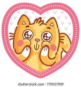 Cute ginger Cat character in love on romantic pink background with hearts. Vector illustration art in cartoon, doodle, hand drawn style: for greeting cards, poster, wedding, invitation design