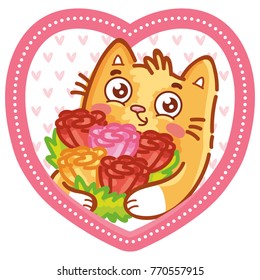 Cute ginger Cat character in love on romantic pink background with hearts. Vector illustration art in cartoon, doodle, hand drawn style: for greeting cards, poster, wedding, invitation design