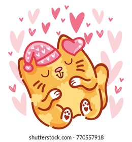 Cute ginger Cat character in love on romantic pink background with hearts. Vector illustration art in cartoon, doodle, hand drawn style: for greeting cards, poster, wedding, invitation design