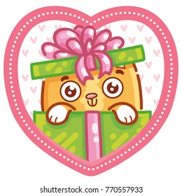 Cute ginger Cat character in love on romantic pink background with hearts. Vector illustration art in cartoon, doodle, hand drawn style: for greeting cards, poster, wedding, invitation design