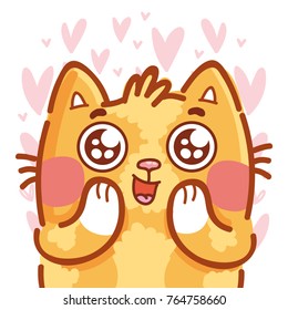 Cute ginger Cat character madly in love on romantic pink background with hearts. Vector illustration art in cartoon, doodle, hand drawn style: for greeting cards, poster, wedding, invitation