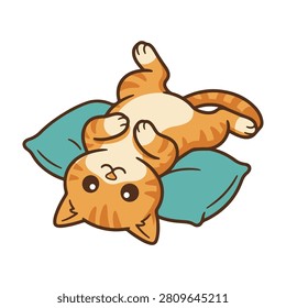 Cute ginger cat character sleeping upside down on a blue pillow, cartoon vector illustration