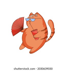 Cute Ginger Cat Character with Striped Tail Wearing Sunglasses Sitting with Hand Fan Drinking Cocktail with Straw Vector Illustration. Funny Kitten Sticker Concept