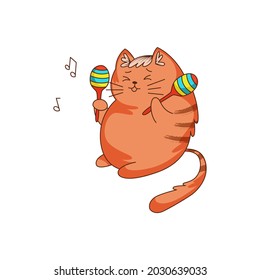 Cute Ginger Katzenzeichen mit gestreiftem Tail Playing Maraca Vektorgrafik. Funny Kitten Sticker Konzept