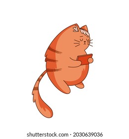 Cute Ginger Cat Character with Striped Tail Playing with Tablet PC Vector Illustration. Funny Kitten Sticker Concept