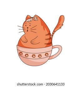 Cute Ginger Cat Character with Striped Tail Sitting in Huge Cup Vector Illustration. Funny Kitten Sticker Concept
