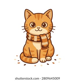 Cute ginger cat character wearing an autumn winter scarf, cartoon vector illustration