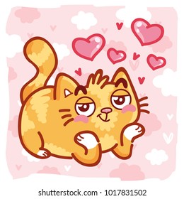 Cute Ginger Cat character winking, making hint, smiling, in love emotions on pink romantic background with hearts and clouds. Hand drawn art illustration in cartoon, doodle style