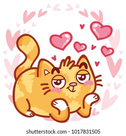 Cute Ginger Cat character winking, making hint, smiling, in love emotions on pink romantic background with hearts and clouds. Hand drawn art illustration in cartoon, doodle style