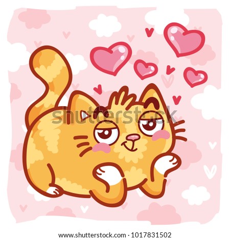 Cute Ginger Cat character winking, making hint, smiling, in love emotions on pink romantic background with hearts and clouds. Hand drawn art illustration in cartoon, doodle style