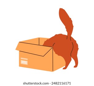 Cute ginger cat climbs inside the cardboard box vector flat illustration. Funny hiding kitten view from the back. Cartoon fluffy domestic animal playing with box, feline cat pet isolated