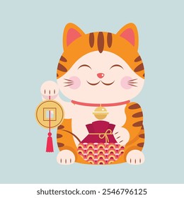 Cute ginger cat with coin and purse. Maneki-neko traditional japanese gift toy attracting good luck and money. Isolated vector object, symbol, icon, character